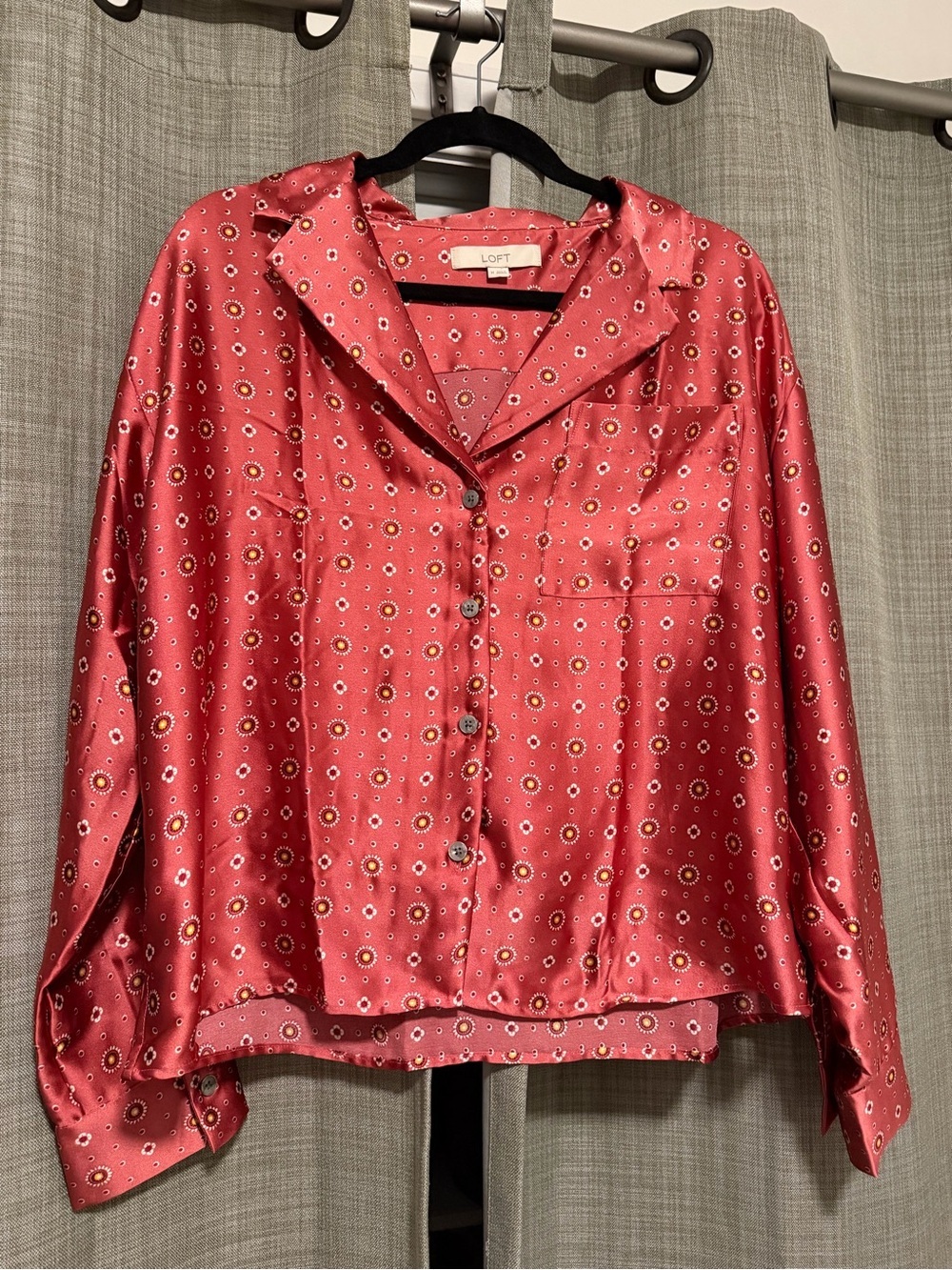 LOFT Rose Pink Satin Button-Front Shirt with Micro Dot Print